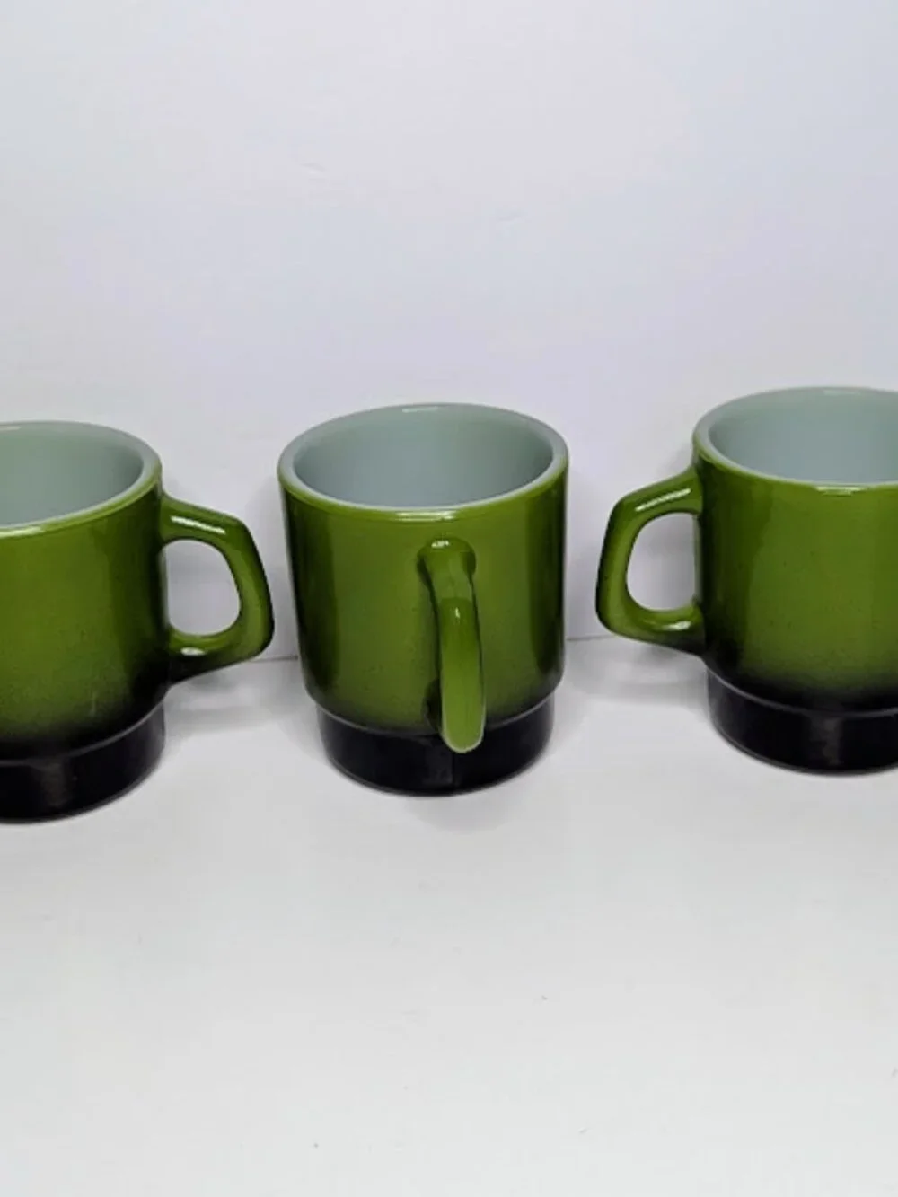 Vintage Fire-King Avocado Green Black Stacking Mugs Set of 3